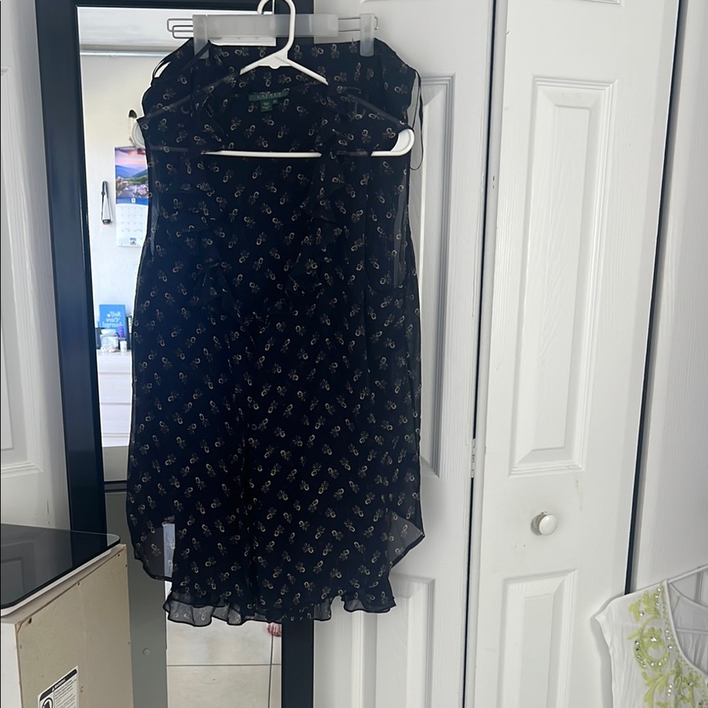 Ralph Lauren Black Floral Sleeveless skirt and blouse outfit -dark navy and gold